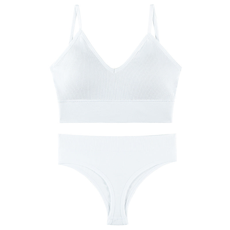 Seamless Bra Set Low Waist Panties Wire Free Bra Bralette Lingerie Brassiere Cotton - White
