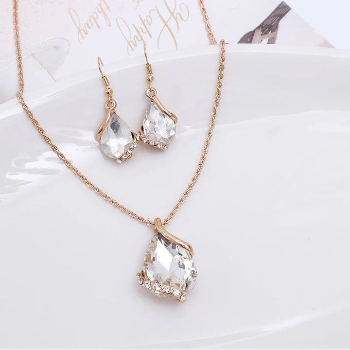 Transparent Polygon Diamond Set: Elegant Crystal Glass Necklace & Earrings - Shop N Save