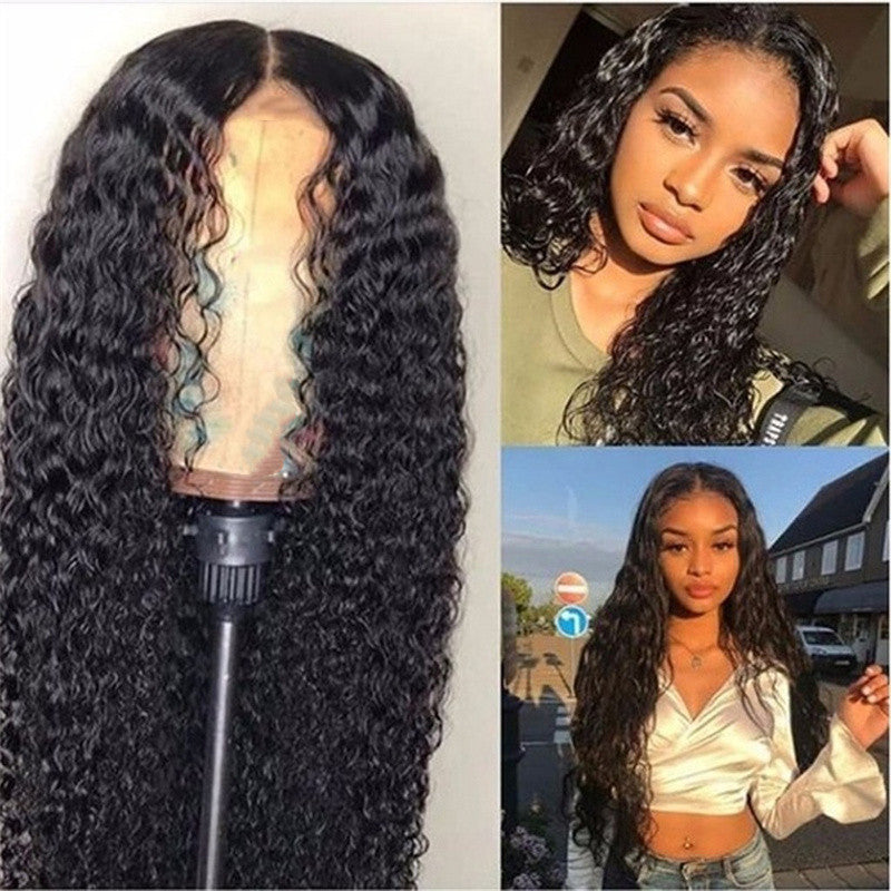 European & American Afro Wig: Black Medium-Parted Long Curly