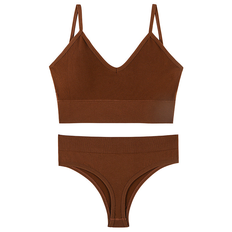 Seamless Bra Set Low Waist Panties Wire Free Bra Bralette Lingerie Brassiere Cotton - Brown