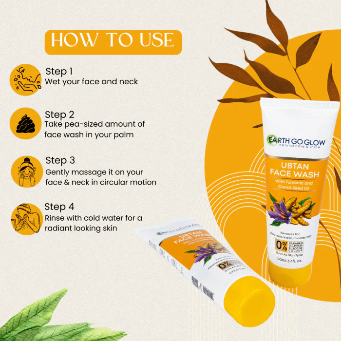 EARTH GO GLOW UBTAN FACE WASH WITH TURMERIC & SAFFRON FOR TAN REMOVAL (100ml) - Shop N Save