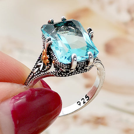 Sapphire-blue Topaz Ring With Gold Plating