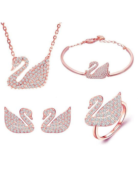 CZ Rose Gold Swan Jewelry Set - Pendant Bracelet Earrings Ring - Shop N Save