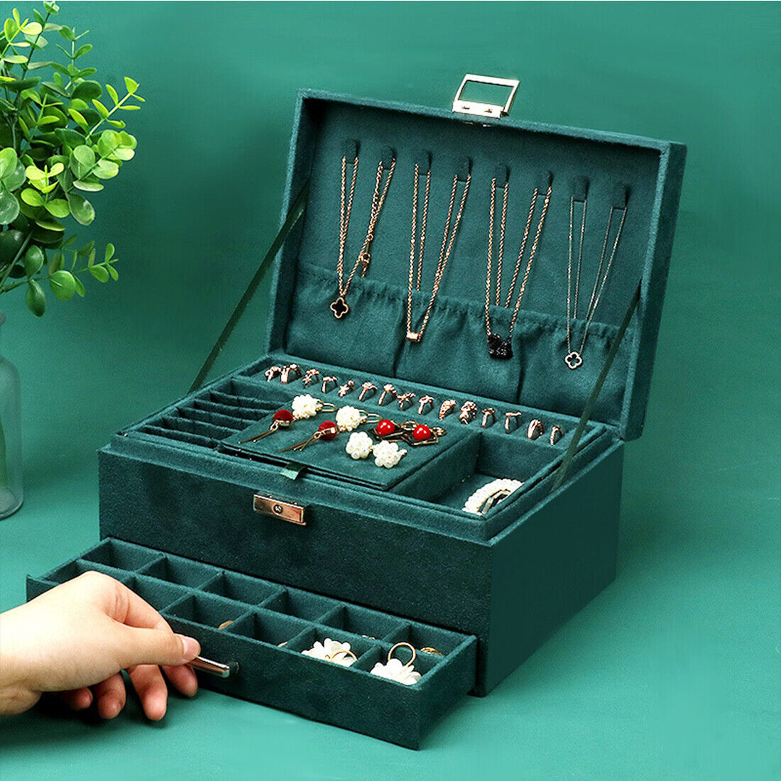 3 Layer Grey Jewellery Box Organizer Rings Necklaces Jewellry Storage Case Box