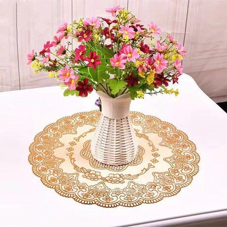 Round Waterproof Non Slip Vinyl Decorative Table Mini Mat 38 CM - Golden - Shop N Save