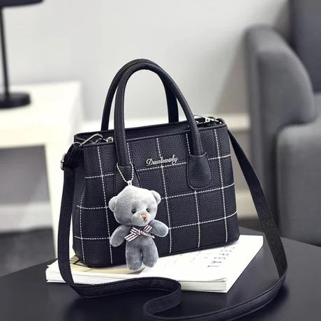 Cute Bear Double Handle Women Shoulder Bag Grid Textured Synthetic Leather Zipper Closure Black - Shop N Save