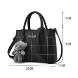 Cute Bear Double Handle Women Shoulder Bag Grid Textured Synthetic Leather Zipper Closure Black - Shop N Save