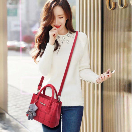 Cute Bear Double Handle Wine Red Shoulder Bag for Women Stylish Grid Textured Design with Zipper Closure - Shop N Save