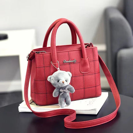 Cute Bear Double Handle Wine Red Shoulder Bag for Women Stylish Grid Textured Design with Zipper Closure - Shop N Save
