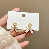 White Bowknot Earrings: Pearl Heart Pendant, Korean Style - Shop N Save