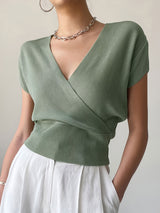V-neck Knitted Short-sleeve High-waisted Loose T-shirt Knitted Top