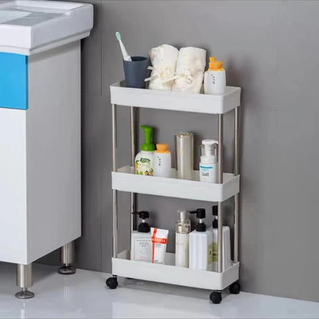 White Plastic 3 Tier Storage Rack Space-Saving Moveable Kitchen Trolley for Home Organization and Bathroom Storage - Shop N Save