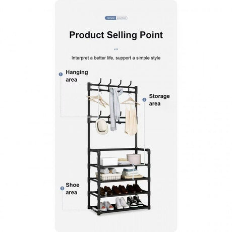 Multifunctional 5 Tiers Shoe Rack And Hat Coat Hanger - Black