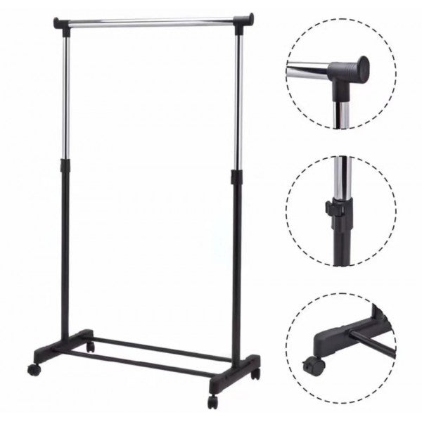Movable Portable Pole Telescopic Clothes Rack With Wheels