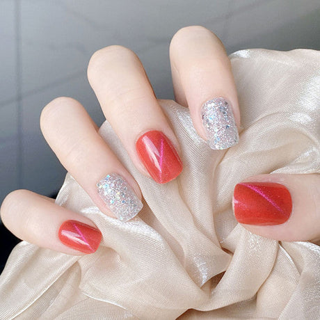 12 PCs Glittery Two Tone Shiny Fake Nails Set - Multi Color - Shop N Save