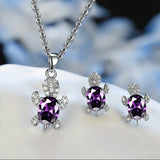 Shiny Turtle Pendant Necklace with Rhinestones Fashion Jewelry Set for Women Silver Plated Purple Shades Hook Closure