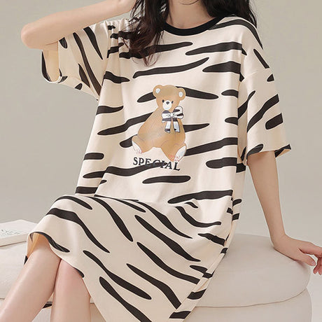 Comfy Striped Midi Night Dress - Stylish, Black, Terylene Cotton Blend - Shop N Save