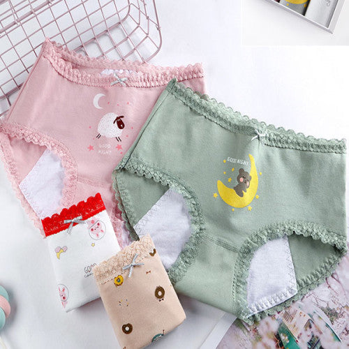 Printed Women Underwear High Waist Elastic Undergarments Lace Patched Breathable Soft Fabric Panty - Light Blue - Shop N Save