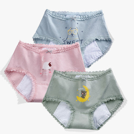 Printed Women Underwear High Waist Elastic Undergarments Lace Patched Breathable Soft Fabric Panty - Light Blue - Shop N Save