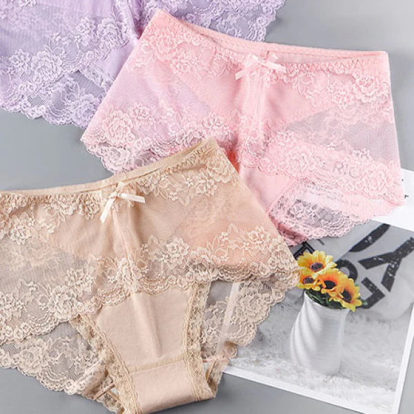 Luxurious Lace High Waist Wedding Underwear Soft Cotton Blends Floral Embroidered Bow Patch - Ice Lake Blue - Shop N Save