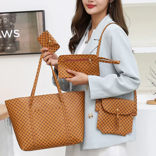 Stylish Geo Pattern PU Leather 4-Piece Bags Set - Large Capacity, Square Shape, Double Handles