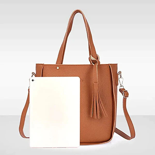 Stylish Lychee Pattern Bucket Bag Set - Brown, Double Handles, Zipper Closure - Shop N Save