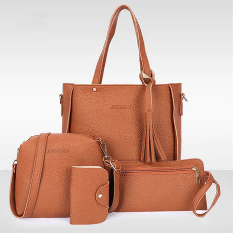 Stylish Lychee Pattern Bucket Bag Set - Brown, Double Handles, Zipper Closure - Shop N Save