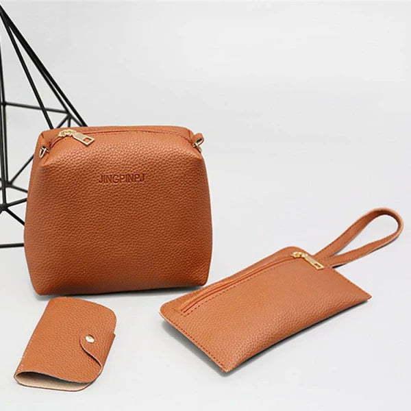 Stylish Lychee Pattern Bucket Bag Set - Brown, Double Handles, Zipper Closure - Shop N Save