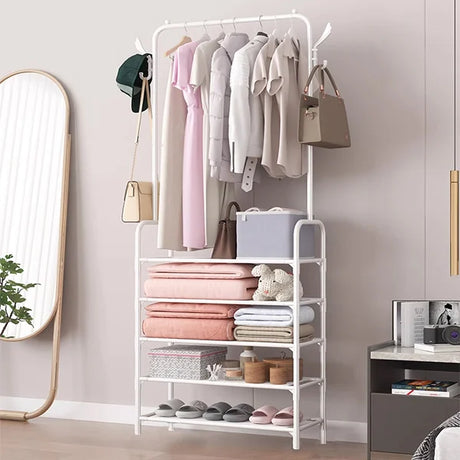 Easy Assembling 5-Layer White Mesh Hangers Space Saving Clothes Hanger with Shoe Storage Racks Foldable Laundry Organizer for Room Floor - Shop N Save