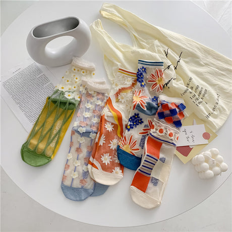 Retro Personality Breathable Glass Silk Socks Japanese Bright Color Socks