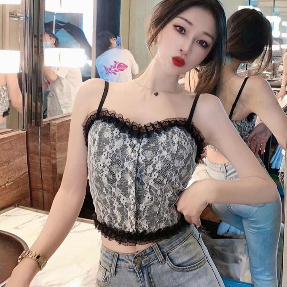 Flower Lace Stitching Zipper Camisole Design Top - Black - Shop N Save