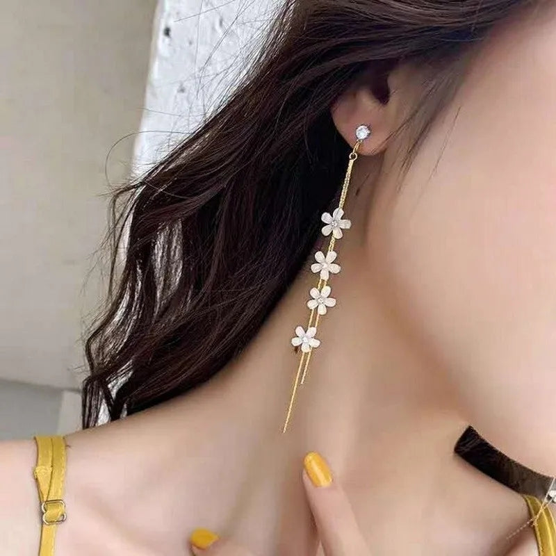 Pearl Floral Earrings - Wedding Pendant, Korean Crystal Jewelry - Shop N Save