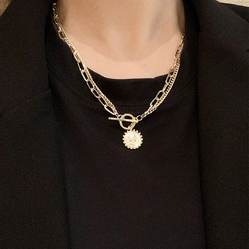 Golden Coin Portrait Necklace: Punk Gold Multilayer Choker for Women - Shop N Save