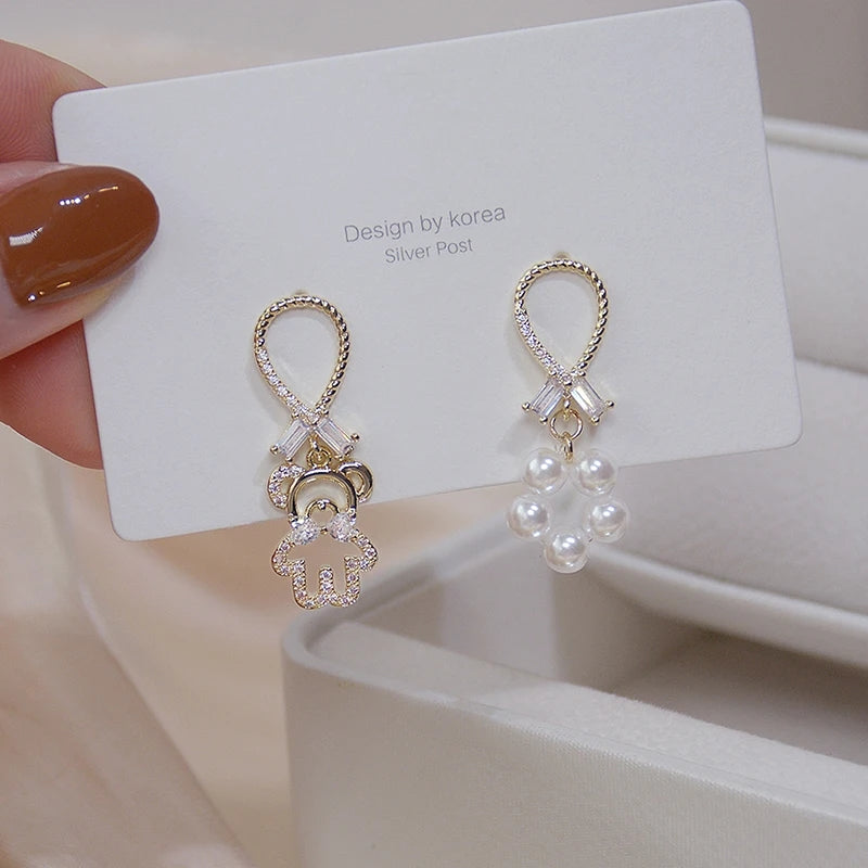 Cute Bear Earrings: 14K Gold, Pearl Crystal Studs for Women - Shop N Save