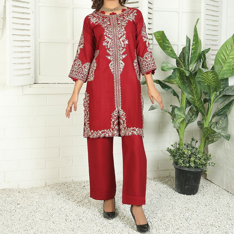 2 Piece Kurti Salwar Embroidery Set - Pure Cotton Collection Stylish Solid Color Light Weight Cotton Fabric Suit Top Bottom Salwar Kameez Indian Pakistani Embroidered Suit For Event Party Outdoor Dress - Maroon - Shop N Save