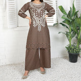 2 Piece Kurti Salwar Embroidery Set - Pure Cotton Collection Stylish Solid Color Light Weight Cotton Fabric Suit Top Bottom Salwar Kameez Indian Pakistani Embroidered Suit For Event Party Outdoor Dress - Khaki - Shop N Save