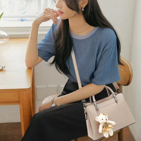 Stylish Beige Handbag: Wide Capacity, Cute Bear Pendant, Fashionable Charm - Shop N Save