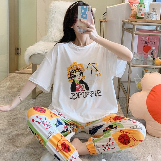 2 Pcs Nightwear Pajama Sets For Women Sleepwear Yellow White