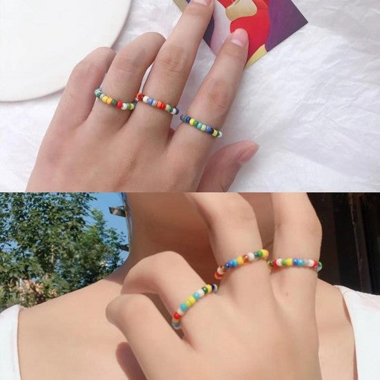 Summer Crystal Bead Rings Set For Women Bohemia Fresh Black and White