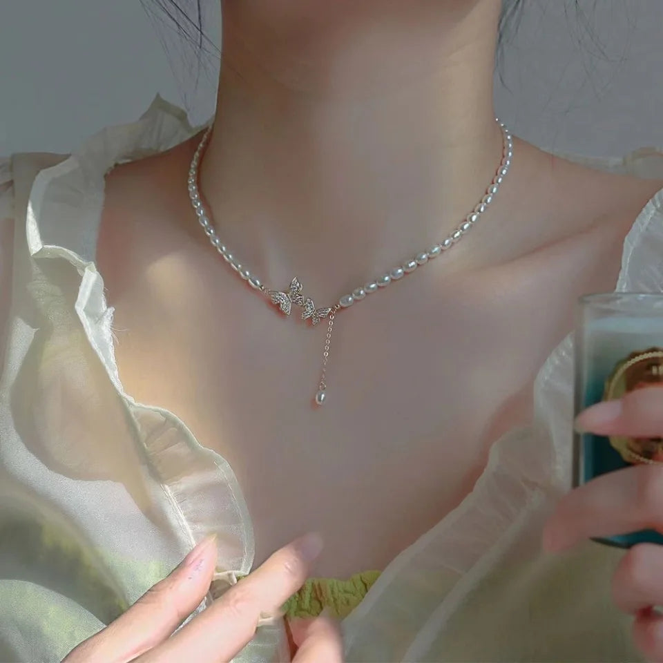 Vintage Butterfly Faux Pearl Necklace: Women's Party Clavicle Chain - Shop N Save