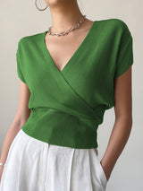 V-neck Knitted Short-sleeve High-waisted Loose T-shirt Knitted Top