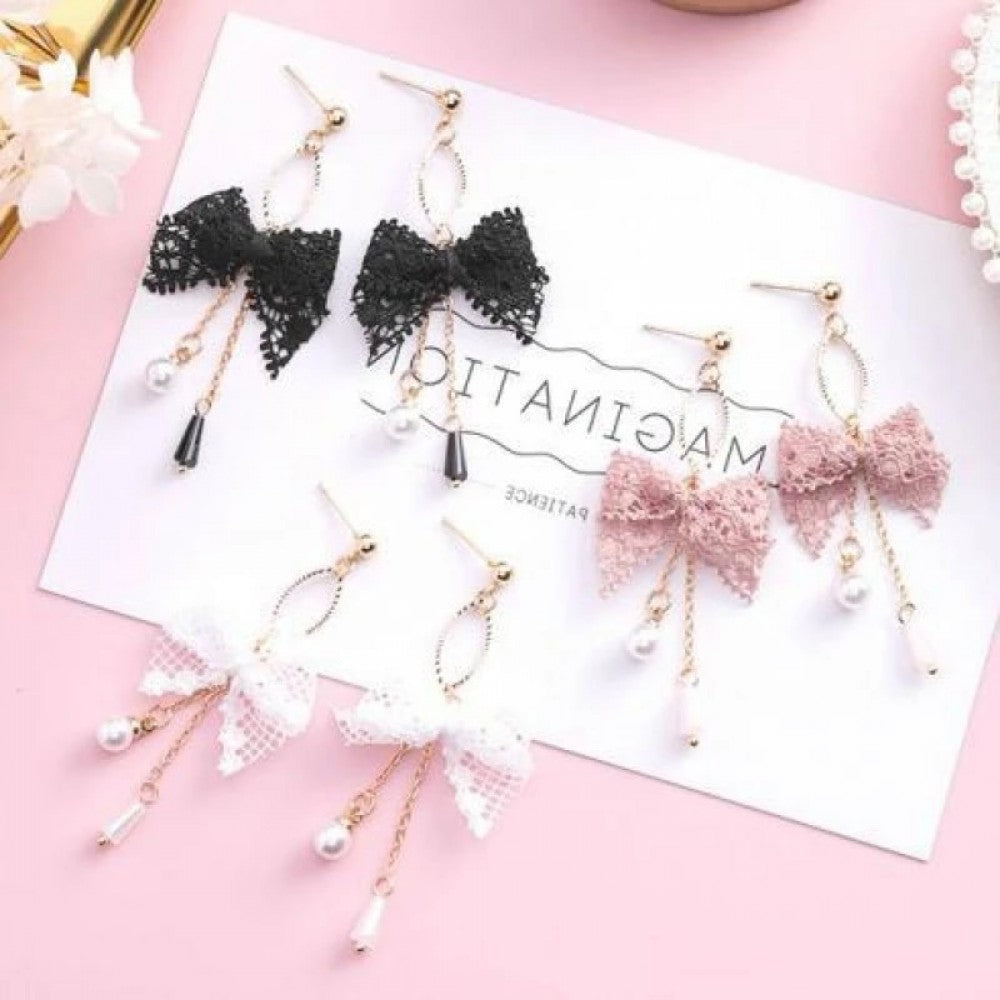 Korean Style Lace Bow Tassel Sweet Earrings Elegant Pearl - Black