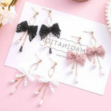 Korean Style Lace Bow Tassel Sweet Earrings Elegant Pearl - Pink