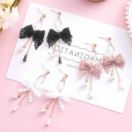 Korean Style Lace Bow Tassel Sweet Earrings Elegant Pearl - Pink