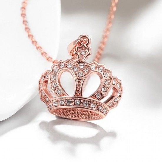 Crown Pendant Necklace Clear Rhinestone Gold