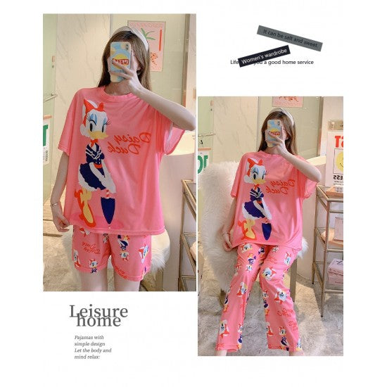 3 Pcs Nightwear Pajama Shorts Sets For Women Sleepwear Dark Pink