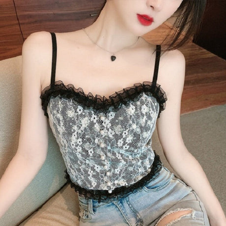 Flower Lace Stitching Zipper Camisole Design Top - Black - Shop N Save