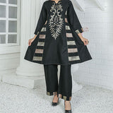 2 Piece Kurti Salwar Embroidery Set - Pure Cotton Collection Stylish Solid Color Light Weight Cotton Fabric Suit Top Bottom Salwar Kameez Indian Pakistani Embroidered Suit For Event Party Outdoor Dress - Black - Shop N Save