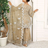 3 Piece Fancy Embroidery Dress - Stylish Light Weight Chiffon Organza Fabric Suit Indian Pakistani Fancy Embroidered Dress For Events Party Outdoor Dress - Khaki - Shop N Save