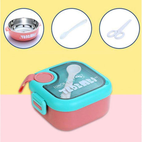 Kids Lunch Box - Inner Stainless Steel Baby Lunch Box With Spoon Scissors Set Food Supplement Bowl For School Home Kids (H 7.3 | W 12.7 | L 14.7 CM) - Pink - Shop N Save